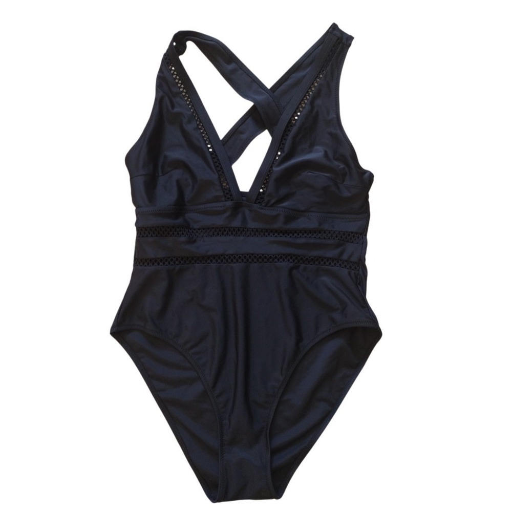 Unbranded Swimsuit Woman Medium Black Criss Back Crochet Accents Deep Neckline